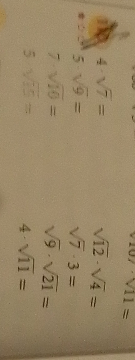 v10/v11=
4· sqrt(7)=
sqrt(12)· sqrt(4)=
5· sqrt(9)=
sqrt(7)· 3=
7 sqrt(10)=
sqrt(9)· sqrt(21)=
5 sqrt(55)=
4· sqrt(11)=