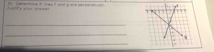 Determine if lines f and g are perpendicular. 
Justify your answer. 
_ 
_ 
__ 
_ 
_