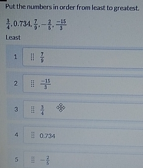 Put the numbers in order from least to greatest.
 3/4 , 0.734,  7/9 , - 2/5 ,  (-15)/3 
Least 
1 []  7/9 
2  (-15)/3 
3  3/4 
4 0.734
5 - 2/5 