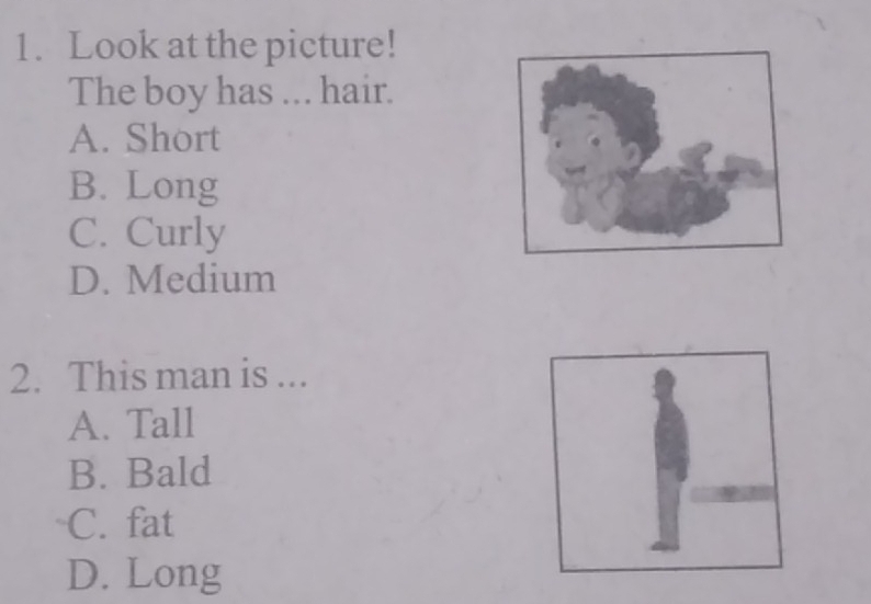 Look at the picture!
The boy has ... hair.
A. Short
B. Long
C. Curly
D. Medium
2. This man is ...
A. Tall
B. Bald
C. fat
D. Long