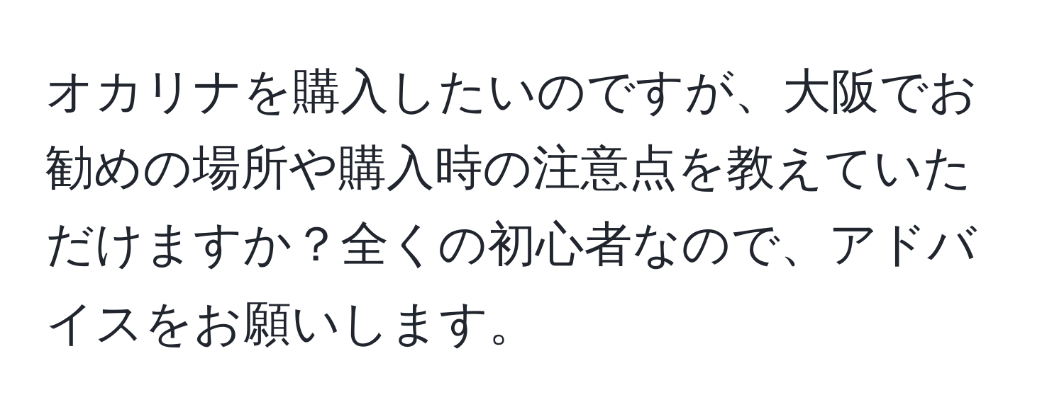 オカリナを購入したいのですが、大阪でお勧めの場所や購入時の注意点を教えていただけますか？全くの初心者なので、アドバイスをお願いします。