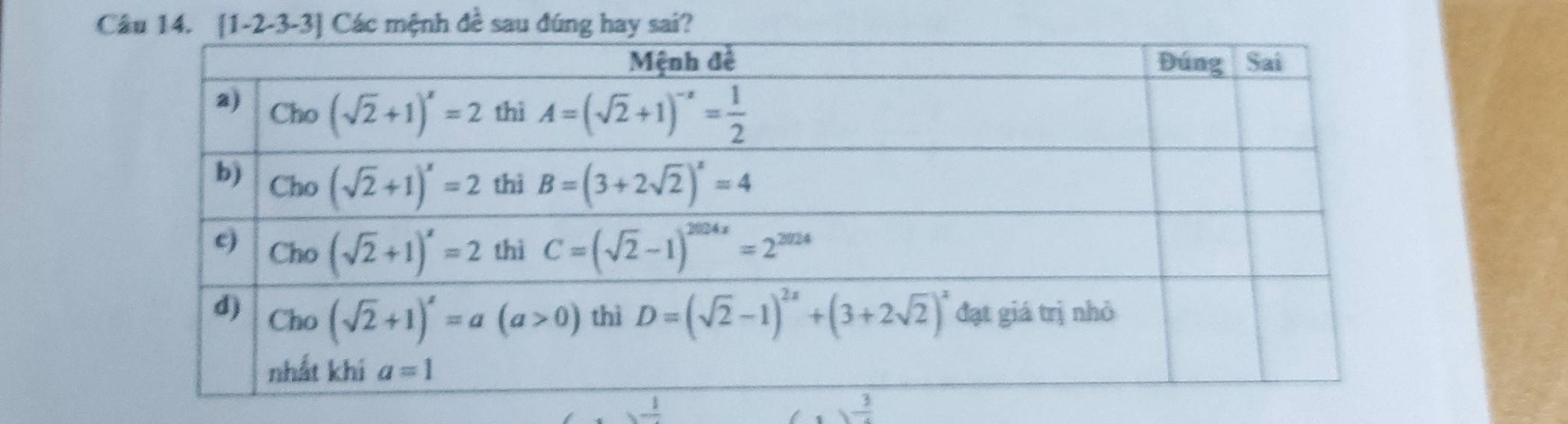 Câu 14.Các mệnh đề sau đúng hay sai?
frac 3