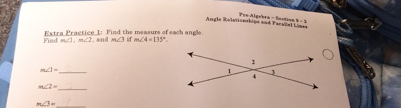 Pre-Algebra ~ Section 9-2 
Angle Relationships and Parallel Lines 
Extra Practice 1: Find the measure of each angle. 
Find m∠ 1, m∠ 2 , and m∠ 3 if m∠ 4=135°.
m∠ 1= _ 
_
m∠ 2=
_ m∠ 3=