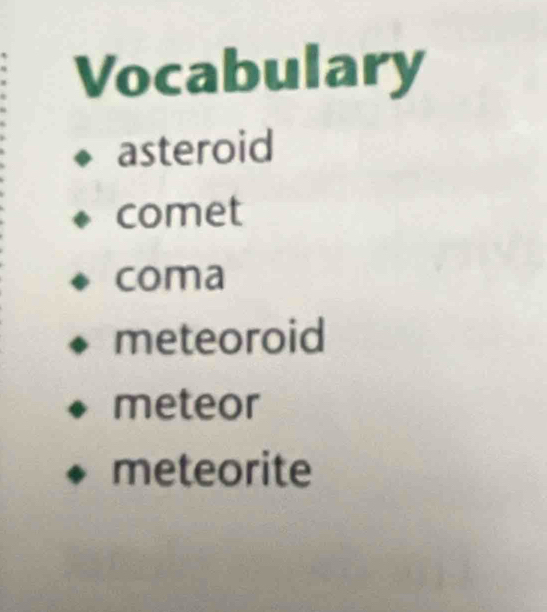 Vocabulary 
asteroid 
comet 
coma 
meteoroid 
meteor 
meteorite