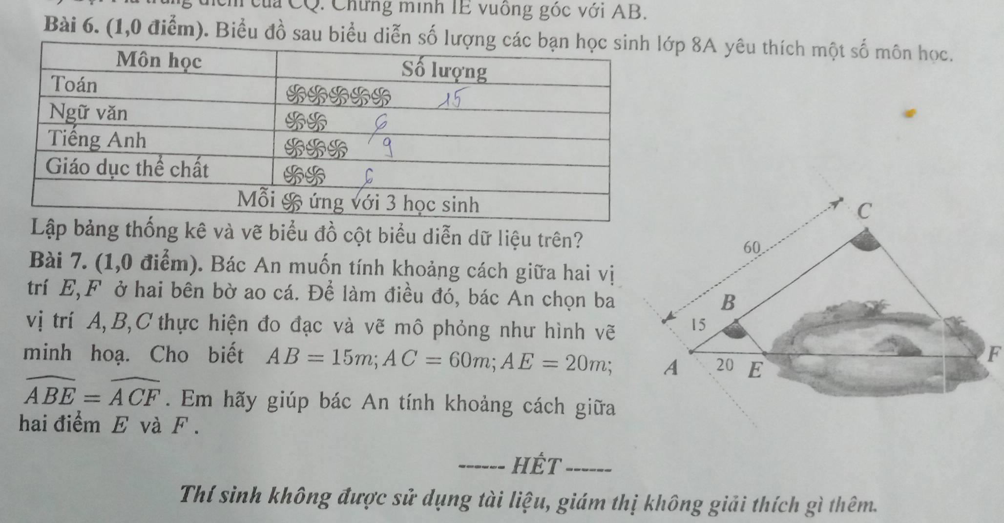 ng dịch của CQ. Chứng minh TE vuống góc với AB. 
Bài 6. (1,0 điểm). Biểu đồ sau biểu diễn số l 8A yêu thích một số môn học. 
C 
Lập bảng thống kê và vẽ biểu đồ cột biểu diễn dữ liệu trên? 
60 
Bài 7. (1,0 điểm). Bác An muốn tính khoảng cách giữa hai vị 
trí E, F ở hai bên bờ ao cá. Để làm điều đó, bác An chọn ba
B
vị trí A, B, C thực hiện đo đạc và vẽ mô phỏng như hình vẽ
15
F
minh hoạ. Cho biết AB=15m; AC=60m; AE=20m; A 20 E
widehat ABE=widehat ACF. Em hãy giúp bác An tính khoảng cách giữa 
hai điểm E và F. 
_HÉt_ 
Thí sinh không được sử dụng tài liệu, giám thị không giải thích gì thêm.