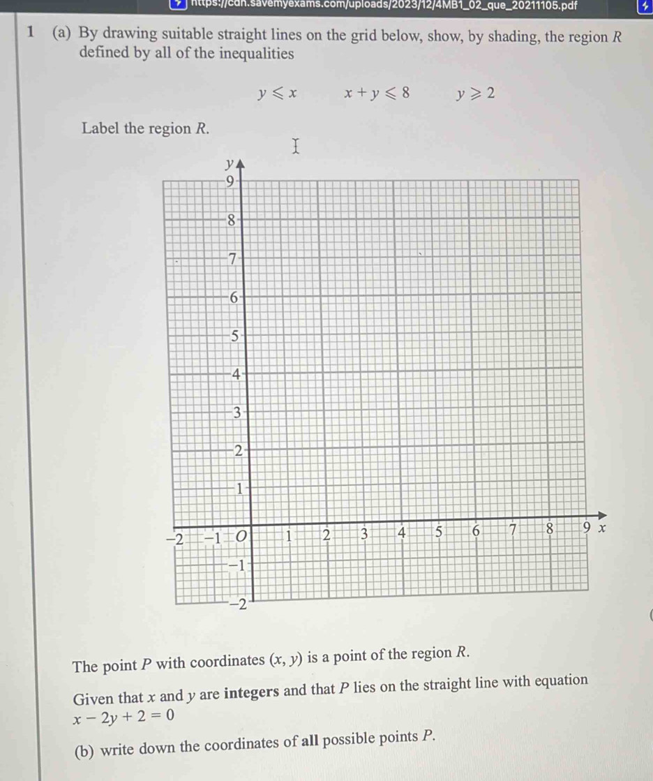 1 (a) By drawing suitable straight lines on the grid below, show, by shading, the region R
defined by all of the inequalities
y≤slant x x+y≤slant 8 y≥slant 2
Label the region R. 
The point P with coordinates (x,y) is a point of the region R. 
Given that x and y are integers and that P lies on the straight line with equation
x-2y+2=0
(b) write down the coordinates of all possible points P.