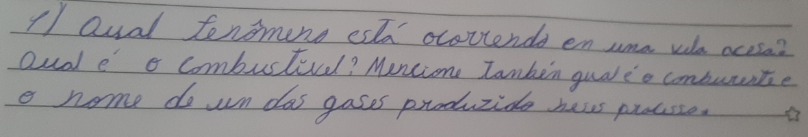 Qual tensmens esa ocottenda en uma wa acese? 
Qud ea combustirel? Mencione Janken qualeo compuurte 
e nome do un das gases produzide hevs prousse.