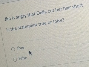 Jim is angry that Della cut her hair short.
Is the statement true or false?
True
False