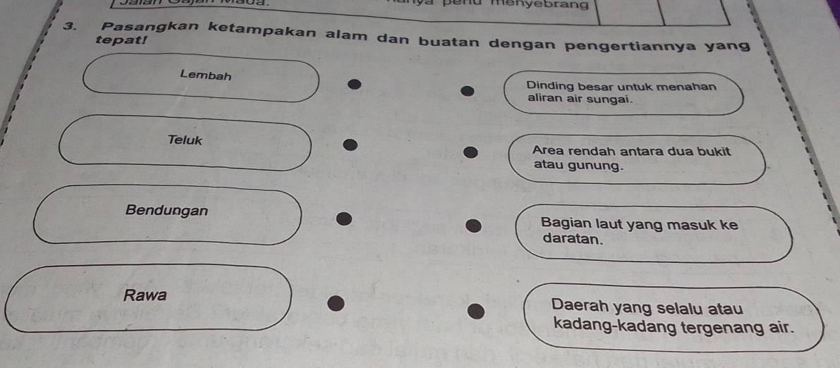 a pend menyebrang 
3. Pasangkan ketampakan alam dan buatan dengan pengertiannya yang 
tepat! 
Lembah 
Dinding besar untuk menahan 
aliran air sungai. 
Teluk 
Area rendah antara dua bukit 
atau gunung. 
Bendungan Bagian laut yang masuk ke 
daratan. 
Rawa Daerah yang selalu atau 
kadang-kadang tergenang air.