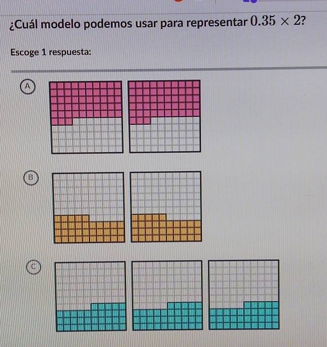 ¿Cuál modelo podemos usar para representar 0.35* 2 ?
Escoge 1 respuesta:
A
B
c