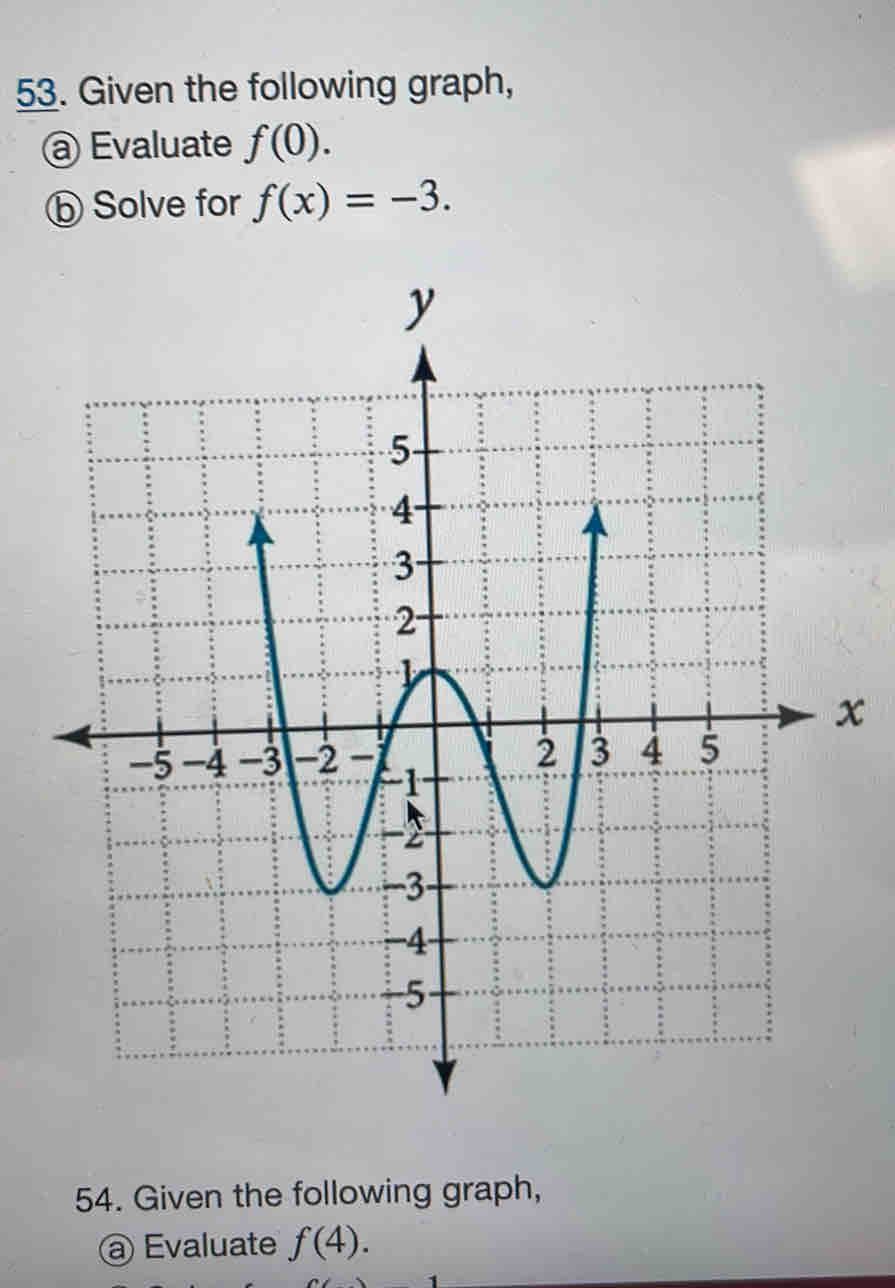 Given the following graph, 
@ Evaluate f(0). 
ⓑ Solve for f(x)=-3.
x
54. Given the following graph, 
@ Evaluate f(4).