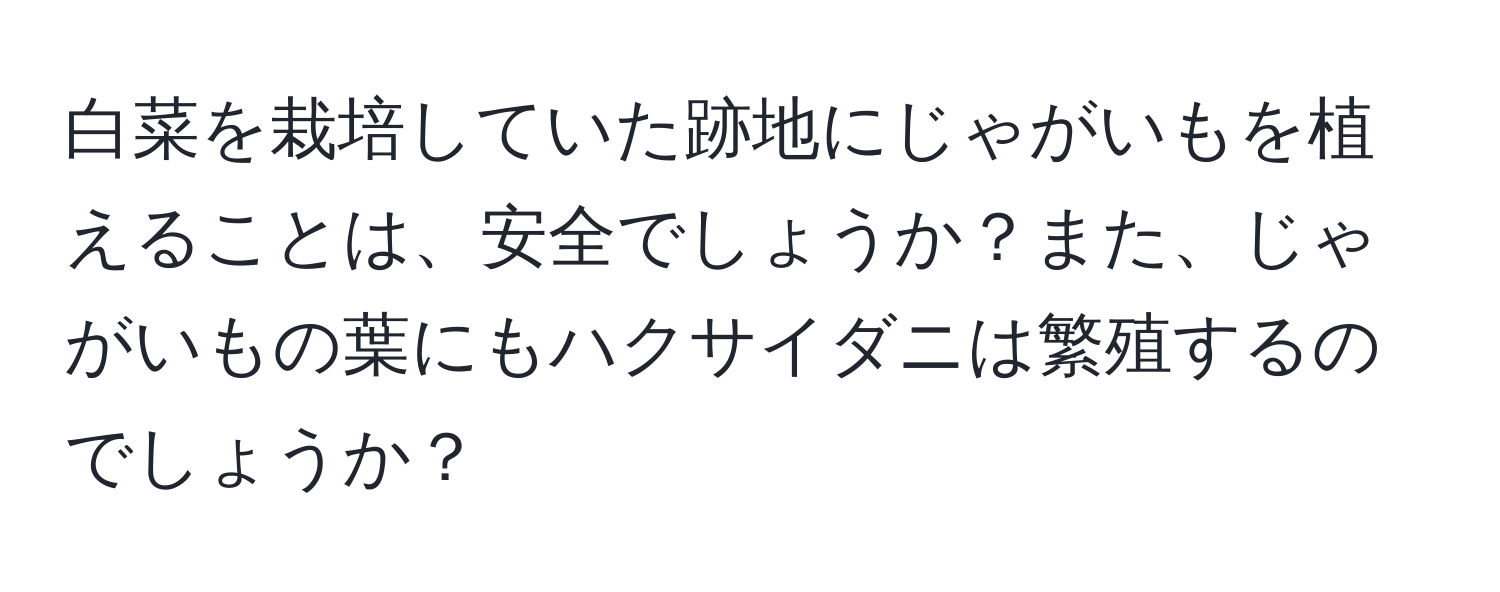 白菜を栽培していた跡地にじゃがいもを植えることは、安全でしょうか？また、じゃがいもの葉にもハクサイダニは繁殖するのでしょうか？