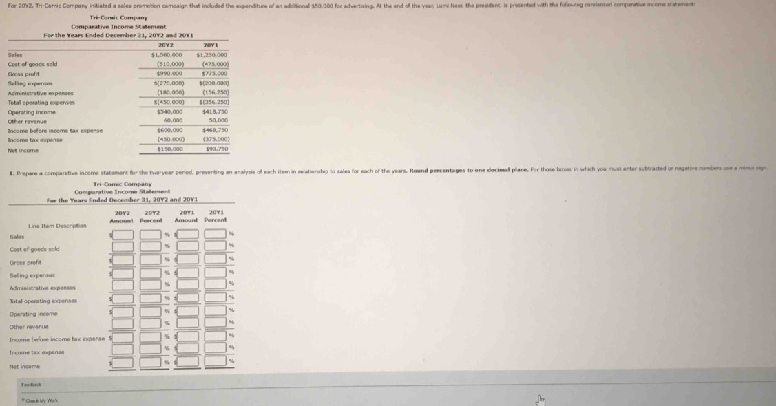 For 20Y2, Tri-Comic Company initiated a sales promotion campaign that included the expenditure of an additional $50,000 for advertising. At the end of the year, Lumi Neer; the president, is presented with the folloving condensed comparative incoms statement 
Comparative Income Statement 
1. Prepare a comparative income statement for the two-year period, presenting an analysis of each item in relationship to sales for each of the years. Round percentages to one decimal place. For those boxes in which you must enter subtracted or negative numbers use a minus sig 
Tri-Comic Company 
Comparative Income Statement 
For the Years Ended December 31, 20Y2 and 20Y1
20Y2 20Y2 20Y1
Line Item Description Amount Percent 20Y1
Sales 
Cost of goods sold %
Gross profit 
Selling expenses 
Administrative expenses 
Total operating expenses
%
Operating income 
Other revenue 
Income before income tax expense %
%
Income tax expense 
Net income 
Feedback 
* Check My Work