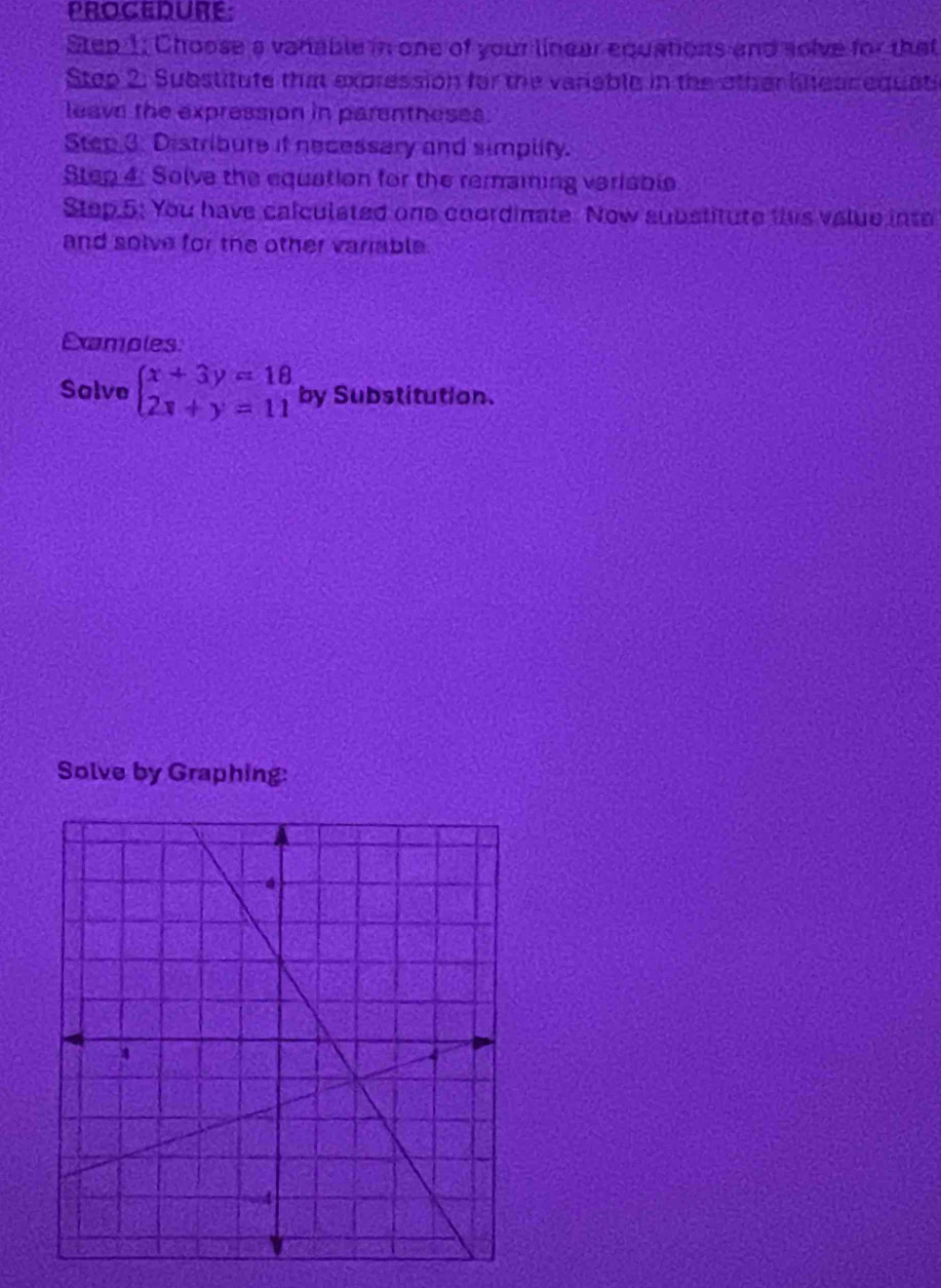 PROCEDURE: 
Step 1: Choose a vanable in one of your linear equations and solve for that 
Stop 2: Substitute that expression for the variable in the other klteacequati 
leave the expression in parentheses. 
Step 3. Distribure if necessary and simplity. 
Step 4: Solve the equation for the remaning variabie. 
Step.5: You have calculated one coordinate. Now substitute this value into 
and solve for the other variable 
Examples 
Solve beginarrayl x+3y=18 2x+y=11endarray. by Substitution. 
Solve by Graphing: