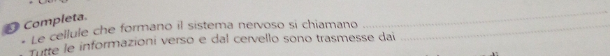 Completa. 
* Le cellule che formano il sistema nervoso si chiamano_ 
_ 
Tutte le informazioni verso e dal cervello sono trasmesse dai