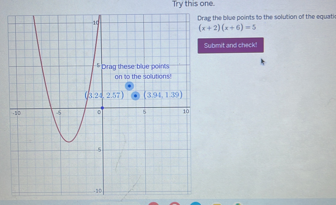 Try this one.
the blue points to the solution of the equatic
(x+2)(x+6)=5
bmit and check!