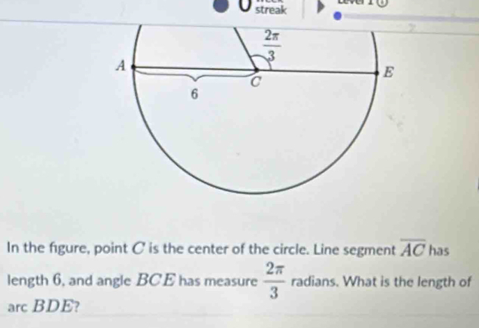 Ln
U streak
In the figure, point C is the center of the circle. Line segment overline AC has
length 6, and angle BCE has measure  2π /3  radians. What is the length of
arc BDE?