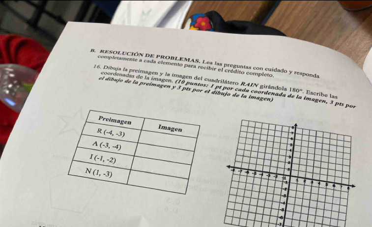 RESOLUCIÓN DE PROBLEMAS. Lea las preguntas con cuidado y responda
completamente a cada elemento para recibir el crédito completo.
16. Dibuja la preimagen y la imagen del cuadrilátero RAIN girándola 180° , Escribe las
el dibujo de la preimagen y 3 pts por el dibujo de la imagen)
coordenadas de la imagen. (10 puntos: I pt por cada coordenada de la imagen, 3 pts por
7