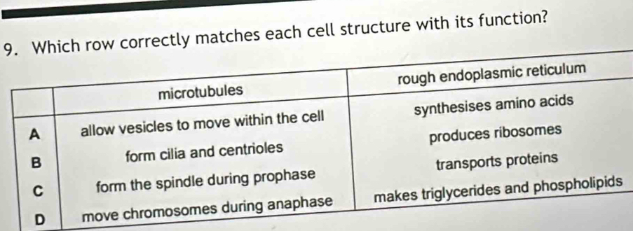 9 matches each cell structure with its function?