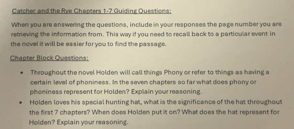 Solved: Catcher and the Rye Chapters 1-7 Guiding Questions: When you ...