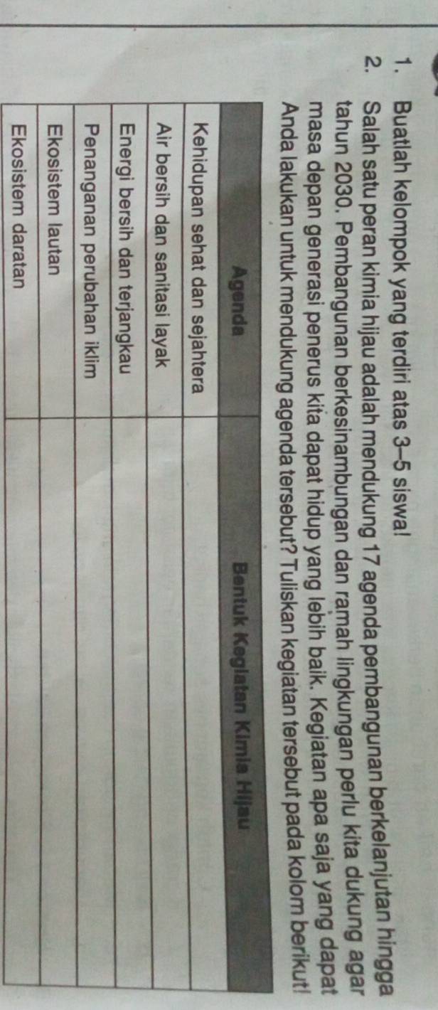 Buatlah kelompok yang terdiri atas 3-5 siswa! 
2. Salah satu peran kimia hijau adalah mendukung 17 agenda pembangunan berkelanjutan hingga 
tahun 2030. Pembangunan berkesinambungan dan ramah lingkungan perlu kita dukung agar 
masa depan generasi penerus kita dapat hidup yang lebih baik. Kegiatan apa saja yang dapat 
Anda lakukan untuk mendukung agenda tersebut? Tuliskan kegiatan tersebut pada kolom berikut!