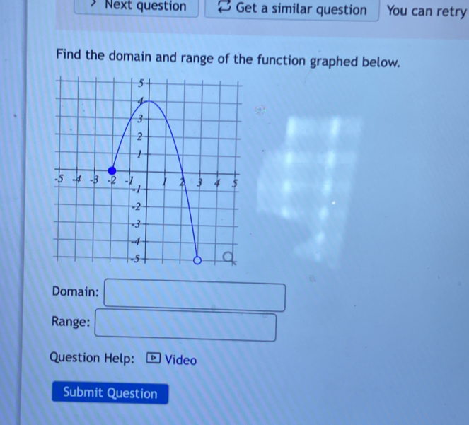 Next question Get a similar question You can retry 
Find the domain and range of the function graphed below. 
Domain: □ 
Range: □ 
Question Help: Video 
Submit Question