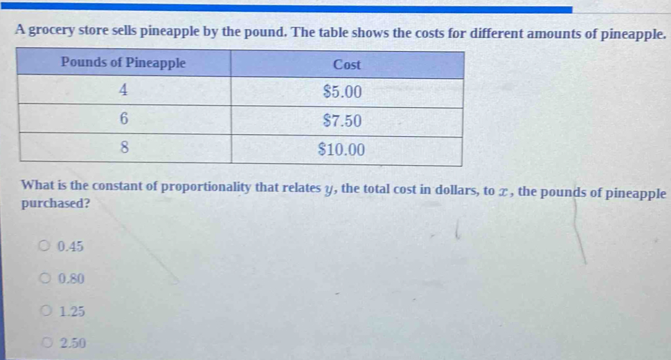 A grocery store sells pineapple by the pound. The table shows the costs for different amounts of pineapple.
What is the constant of proportionality that relates y, the total cost in dollars, to x , the pounds of pineapple
purchased?
0.45
0.80
1.25
2.50