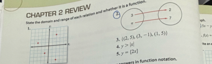 CHAPTER 2 REVIEW 
State the domain and range of each relation and whether it is a function 
2 
1ph. 
1 5x-y
3.  (2,5),(3,-1),(1,5)
f(x)=
ite an 
4. y>|x|
5. y=[2x]
nswers in function notation.