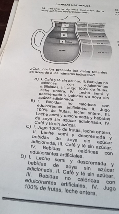 CIENCIAS NATURALES
34. Observa la siguiente ilustración de la 35
Jarra del Buen Beber incompleta:cu
Co
<
¿Cuál opción presenta los datos faltantes
de acuerdo a los números indicados?
 A) I. Café y té sin azúcar, II. Bebidas no
calóricas con edulcorantes
artificiales, III. Jugo 100% de frutas,
leche entera. IV. Leche semi y
descremada y bebidas de soya sin
azúcar adicionada.
B) I. Bebidas no calóricas con
edulcorantes artificiales, II. Jugo
100% de frutas, leche entera, III.
Leche semi y descremada y bebidas
de soya sin azúcar adicionada, IV.
Café y té sin azúcar,
C) I. Jugo 100% de frutas, leche entera,
II. Leche semi y descremada y
bebidas de soya sin azúcar
adicionada, III. Café y té sin azúcar,
IV. Bebidas no calóricas con
edulcorantes artificiales.
D) 1. Leche semi y descremada y
bebidas de soya sin azúcar
adicionada, II. Café y té sin azúcar,
III. Bebidas no calóricas con
edulcorantes artificiales, IV. Jugo
100% de frutas, leche entera.