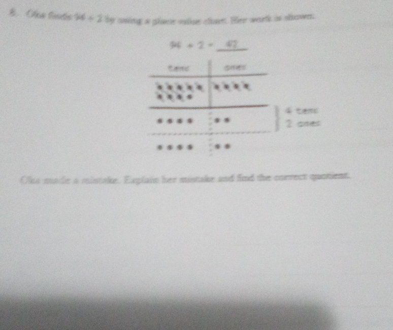 Oha tats 94/ 2 by oning a plaee ostr clan. Her work is shown.
94+2=_ 42
4 tem
2 ores 
Oka made a mistake. Explain her mistake and find the correct quotient.