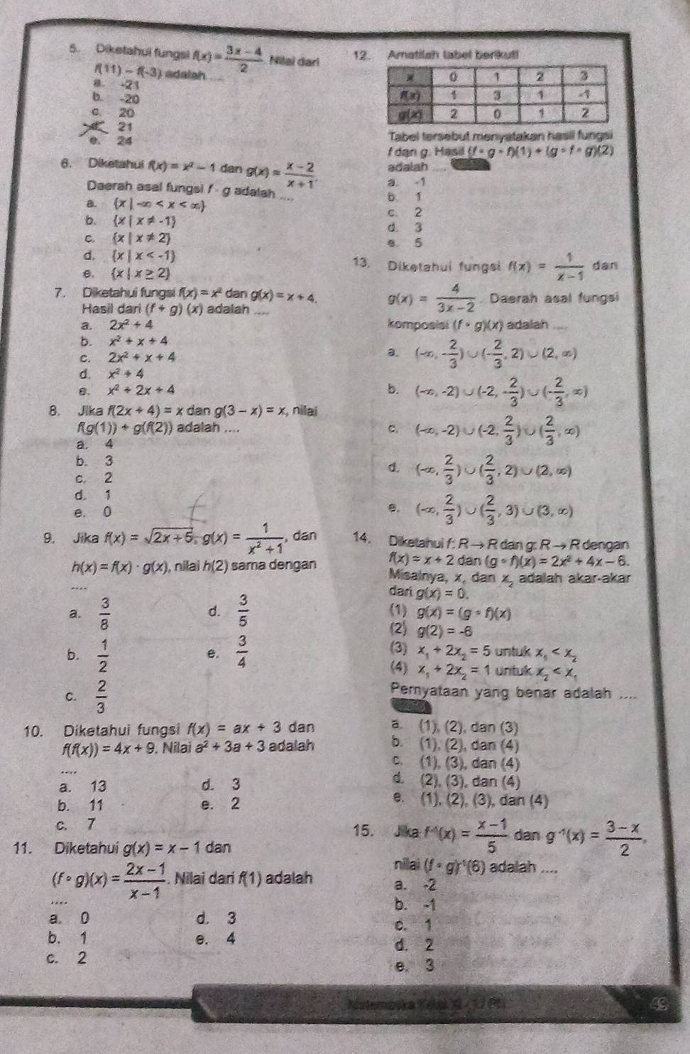 Diketahui fungsi f(x)= (3x-4)/2  Nilai darl 12. Amatilah label berikut!
f(11)-f(-3) adalah
a. -21
b. -20
c. 20
21
0. 24 Tabel tersebut menyatakan hasil fungsi
f dan g. Hasil (fcirc gcirc f)(1)+(gcirc fcirc g)(2)
adalah
6. Diketahui f(x)=x^2-1 dan g(x)approx  (x-2)/x+1 . a. -1_
Daerah asal fungsi f g adalah ....
B.  x|-∈fty
b 1
c 2
b.  x|x!= -1 d. 3
C.  x|x!= 2 e 5
d.  x|x 13. Diketahui fungsi f(x)= 1/x-1  dan
θ.  x|x≥ 2
7. Diketahui fungsi f(x)=x^2 dan g(x)=x+4. g(x)= 4/3x-2  Daerah asal fungsi
Hasil dari (f+g)(x) adalah_
a. 2x^2+4 komposisi (f· g)(x) adalah
b. x^2+x+4
C. 2x^2+x+4 a. (-∈fty ,- 2/3 )∪ (- 2/3 ,2)∪ (2,∈fty )
d. x^2+4
8. x^2+2x+4 b. (-∈fty ,-2)∪ (-2,- 2/3 )∪ (- 2/3 ,∈fty )
8. Jika f(2x+4)=x dan g(3-x)=x , nilai
f(g(1))+g(f(2)) adalah .... c. (-∈fty ,-2)∪ (-2, 2/3 )∪ ( 2/3 ,∈fty )
a. 4
b. 3
c. 2
d. (-∈fty , 2/3 )∪ ( 2/3 ,2)∪ (2,∈fty )
d. 1
e. 0
e. (-∈fty , 2/3 )∪ ( 2/3 ,3)∪ (3,∈fty )
9. Jika f(x)=sqrt(2x+6);g(x)= 1/x^2+1  , dan 14. Diketahui f: R → R dan g: R → R dengan
f(x)=x+2 dan (gcirc f)(x)=2x^2+4x-6.
h(x)=f(x)· g(x) , nilai h(2) sama dengan Misalnya, x, dan x_2 adalah akar-akar
dari g(x)=0.
d.
a.  3/8   3/5  (1) g(x)=(gcirc f)(x)
(2) g(2)=-6
e.
(3) x_1+2x_2=5
b.  1/2   3/4  untuk x_1
(4) x_1+2x_2=1 untuk x_2
C.  2/3  Peryataan yang benar adalah ....
10. Diketahui fungsi f(x)=ax+3 dan a. (1), (2), dan (3)
f(f(x))=4x+9. Nilai a^2+3a+3 adalah b. (1), (2), dan (4)
c. (1), (3), dan (4)
a. 13 d. 3
d. (2), (3), dan (4)
b. 11 e. 2
e. (1), (2), (3), dan (4)
c. 7 15. Jika f^(-1)(x)= (x-1)/5  dan g^(-1)(x)= (3-x)/2 ,
11. Diketahui g(x)=x-1 dan
nilai (fcirc gend(pmatrix)^(-1)(6) adalah ....
(fcirc g)(x)= (2x-1)/x-1 . Nilai dari f(1) adalah a. -2
b. -1
a. 0 d. 3
C. 1
b. 1 e. 4 d. 2
c. 2
e. 3
④