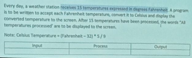 Every day, a weather station receives 15 temperatures expressed in degrees Fahrenhelt. A program 
is to be written to accept each Fahrenheit temperature, convert it to Celsius and display the 
converted temperature to the screen. After 15 temperatures have been processed, the words 'All 
temperatures processed' are to be displayed to the screen. 
Note: Celsius Temperature = (Fahrenheit -32]^*5/9