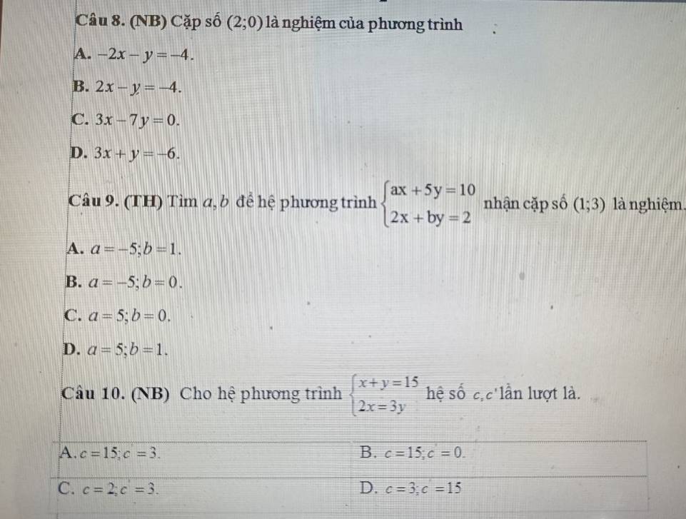 (NB) Cặp số (2;0) là nghiệm của phương trình
A. -2x-y=-4.
B. 2x-y=-4.
C. 3x-7y=0.
D. 3x+y=-6. 
Câu 9. (TH) Tìm a, b để hệ phương trình beginarrayl ax+5y=10 2x+by=2endarray. nhận cặp số (1;3) là nghiệm.
A. a=-5; b=1.
B. a=-5; b=0.
C. a=5; b=0.
D. a=5; b=1. 
Câu 10. (NB) Cho hệ phương trình beginarrayl x+y=15 2x=3yendarray. hệ Shat OC_2c' lần lượt là.
A. c=15; c=3. B. c=15; c=0.
C. c=2; c=3. D. c=3; c=15