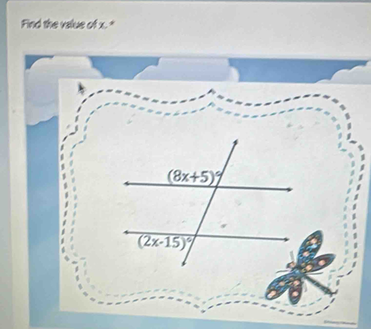 Find the value of x."
(8x+5)^circ 
overline (2x-15)^circ 