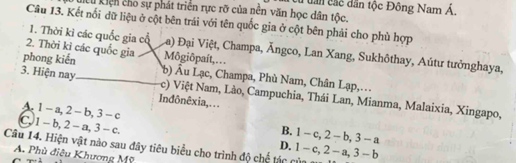 uần các dân tộc Đông Nam Á.
kiện cho sự phát triển rực rỡ của nền văn học dân tộc.
Câu 13. Kết nối dữ liệu ở cột bên trái với tên quốc gia ở cột bên phải cho phù hợp
1. Thời kì các quốc gia cổ La) Đại Việt, Champa, Ăngco, Lan Xang, Sukhôthay, Aútư tưởnghaya,
2. Thời kì các quốc gia Môgiôpaít, . . .
phong kiến (b) Âu Lạc, Champa, Phù Nam, Chân Lạp,.
3. Hiện nay c) Việt Nam, Lào, Campuchia, Thái Lan, Mianma, Malaixia, Xingapo,
Inđônêxia,..
A. 1 - a, 2 -b, 3 - c B. 1 - c, 2 - b, 3 - a
C, 1 - b, 2 - a, 3 - c. D. 1 - c, 2 - a, 3 - b
Câu 14. Hiện vật nào sau đây tiêu biểu cho trình độ chế tác củ
A. Phù điều Khương Mỹ