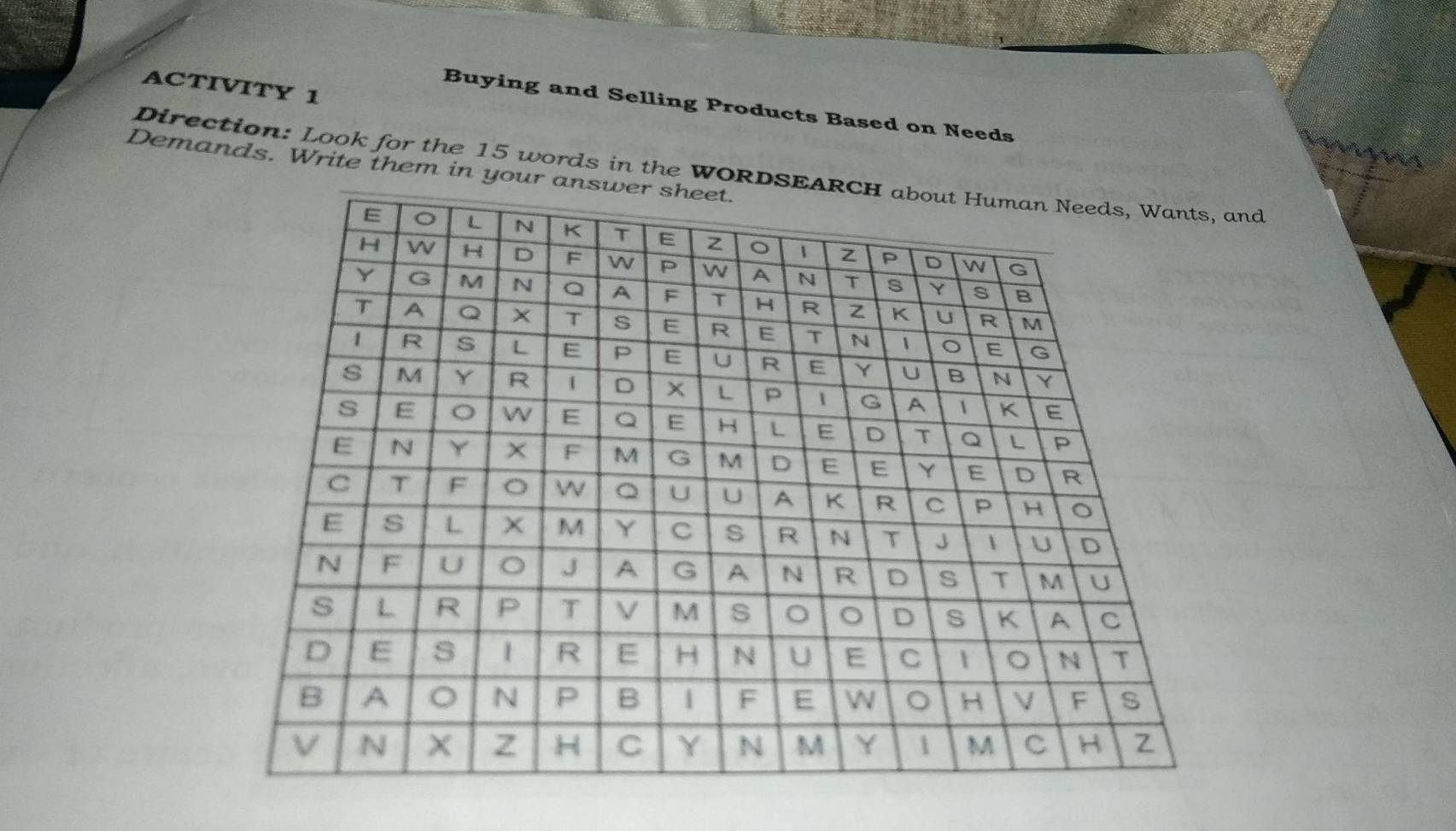 ACTIVITY 1 
Buying and Selling Products Based on Needs 
Direction: Look for the 15 words in the WORnd 
Demands. Write them in yo