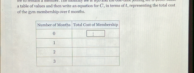 fee to remam a member. The montmy fee is 350 and the one-time joh 
a table of values and then write an equation for C, in terms of t, representing the total cost 
of the gym membership over t months.