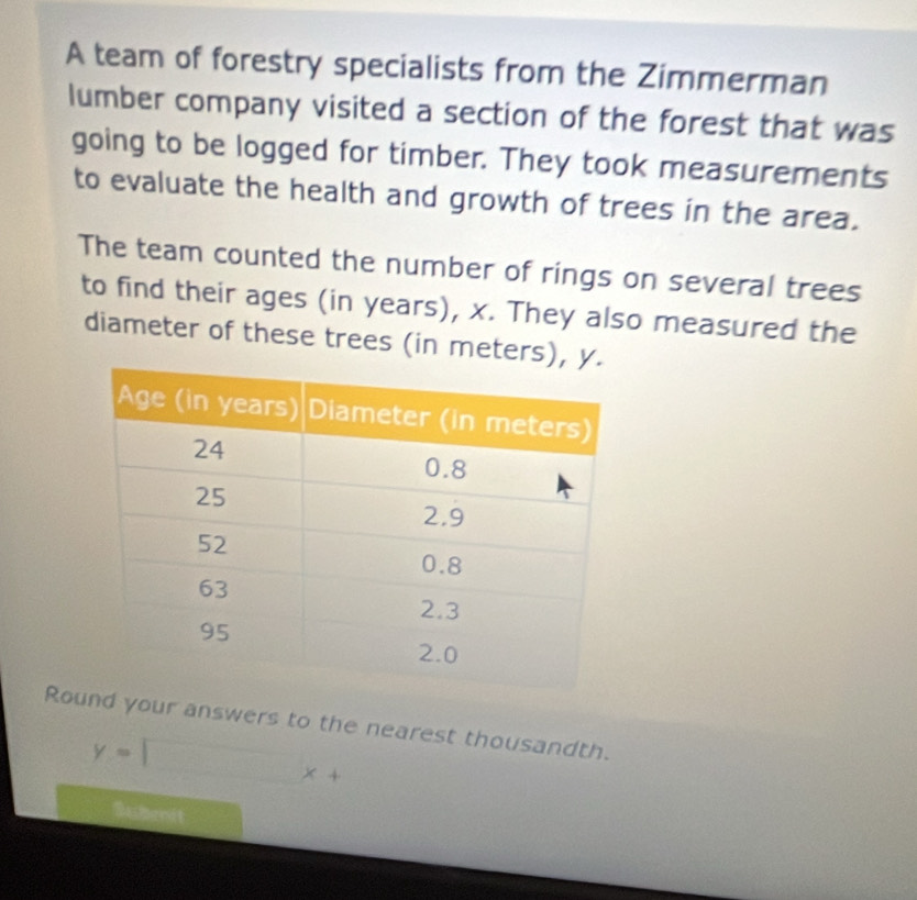 A team of forestry specialists from the Zimmerman 
lumber company visited a section of the forest that was 
going to be logged for timber. They took measurements 
to evaluate the health and growth of trees in the area. 
The team counted the number of rings on several trees 
to find their ages (in years), x. They also measured the 
diameter of these trees (in meters
Rond your answers to the nearest thousandth.
y=
x+
Subenit