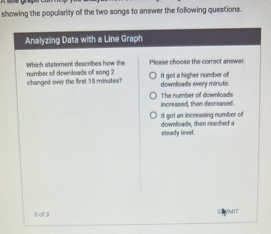 A me graph cannen
showing the popularity of the two songs to answer the following questions.
Analyzing Data with a Line Graph
Which statement describes how the Please choose the correct answer.
number of downloads of song 2
It got a higher number of
changed over the first 15 minutes? downloads every minute.
The number of downloads
increased, then decreased.
It got an increasing number of
downloads, then reached a
steady level.
3 of 3 SI MIT