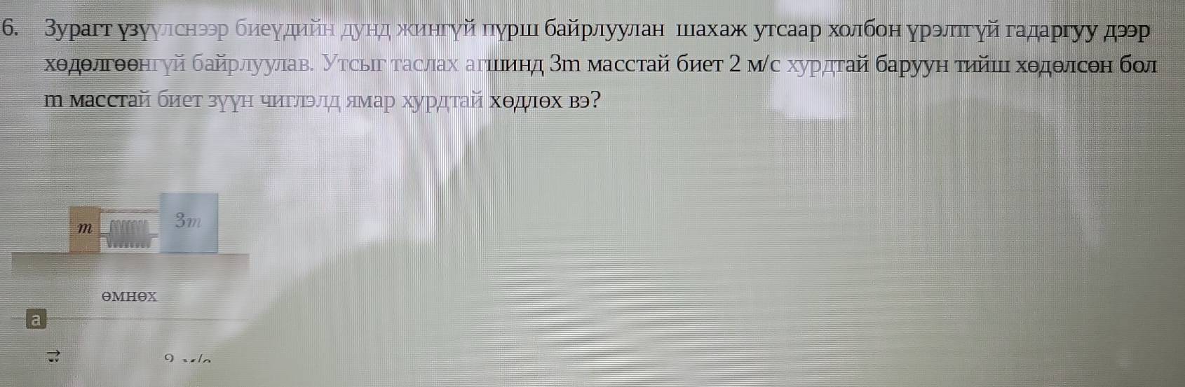 Зурагтузуулснээр биеуηдηйеηдуηдηδжхингуй πуршеιбайрлуулане шιахаж утсаар хοлбон урэлгуйгадаргуу дρр
хθдθлгθθнгуй байрлηуулав. утсыіг таслах агιιеиιнд 3х масстай биет 2 мс хурдτай баруун тηйιιαхοдοлсен бол
m масстай биет зуун чиглэлήд ямар хурдτай хθдιθх вэ?
m
3m
θMHθX
=
9