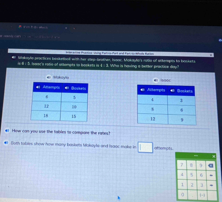 Nam T> Do Ha 
Heedy com con e 4 =
Interactive Practice: Using Part-to-Part and Part-to-Whole Ratios ×
Makayla practices basketball with her step-brother, Isaac. Makayla's ratio of attempts to baskets
is 6: 5 Isaac's ratio of attempts to baskets is 4 : 3. Who is having a better practice day?
Makayla Isooc


@ How can you use the tables to compare the rates?
0 Both tables show how many baskets Makayla and Isaac make in □ attempts.
“. ×
7 8 9 8
4 5 6 *
1 2 3.
0 (-)