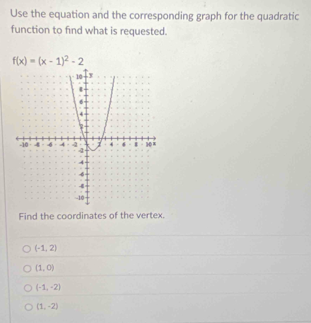 Use the equation and the corresponding graph for the quadratic
function to find what is requested.
f(x)=(x-1)^2-2
Find the coordinates of the vertex.
(-1,2)
(1,0)
(-1,-2)
(1,-2)