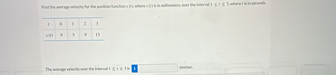 Find the average velocity for the position function s (1), where s (1) is in millimeters, over the interval 1≤ t≤ 3 , where r is in seconds. 
The average velocity over the interval 1≤ t≤ 3 is i mm/sec.