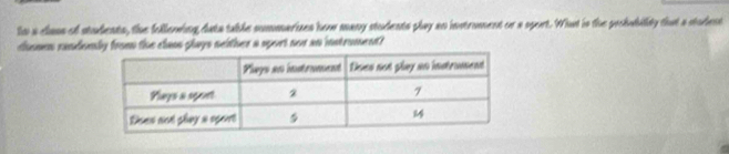 to a class of students, the follening data table sommarizes how many students play an instrument or a sport. What is the pochwbilly that a stodent 
comem randomly from the clas plays neither a sport nor an instrument?