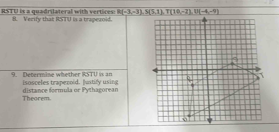 Solved: RSTU is a quadrilateral with vertices: R(-3,-3), S(5,1), T(10 ...