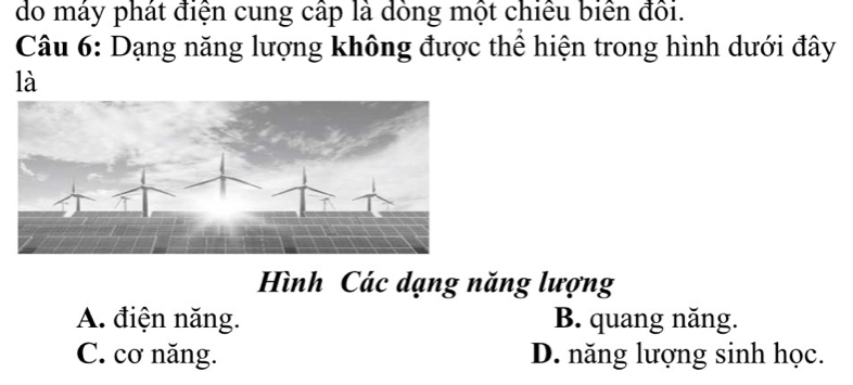 do máy phát điện cung cấp là dòng một chiều biển đổi.
Câu 6: Dạng năng lượng không được thể hiện trong hình dưới đây
là
Hình Các dạng năng lượng
A. điện năng. B. quang năng.
C. cơ năng. D. năng lượng sinh học.