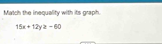 Match the inequality with its graph.
15x+12y≥ -60