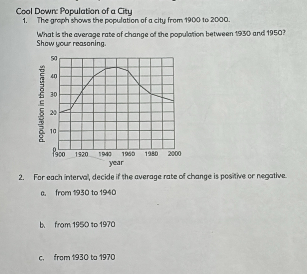 Cool Down: Population of a City
1. The graph shows the population of a city from 1900 to 2000.
What is the average rate of change of the population between 1930 and 1950?
Show your reasoning.
50
40
30
20
10
 900 1920 1940 1960 1980 2000
year
2. For each interval, decide if the average rate of change is positive or negative.
a. from 1930 to 1940
b. from 1950 to 1970
c. from 1930 to 1970