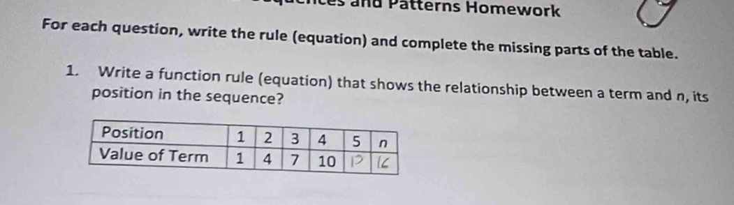 es a nd Pätterns Homework 
For each question, write the rule (equation) and complete the missing parts of the table. 
1. Write a function rule (equation) that shows the relationship between a term and n, its 
position in the sequence?