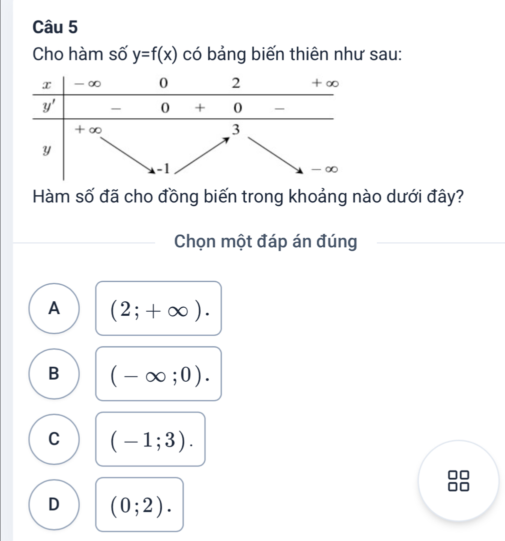 Cho hàm số y=f(x) có bảng biến thiên như sau:
Hàm số đã cho đồng biến trong khoảng nào dưới đây?
Chọn một đáp án đúng
A (2;+∈fty ).
B (-∈fty ;0).
C (-1;3).
□□
□□
D (0;2).